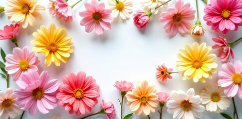 Close-up of delicate colorful flowers arranged in a beautiful pattern on a white backdrop, botanical, pattern, beauty