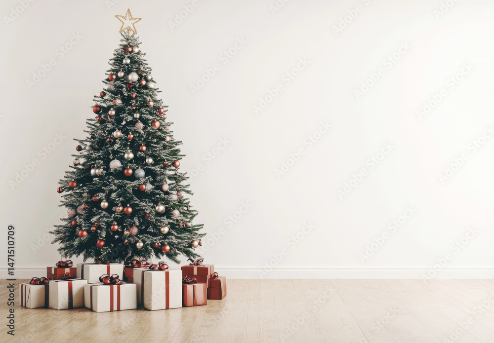 Poster a snow-dusted christmas tree stands elegantly in a minimalist room, adorned with red and silver orna