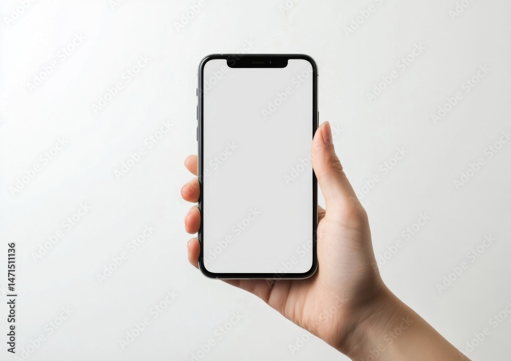 Leinwandbilder a hand holds a smartphone with a blank white screen against a plain white background, perfect for ap
