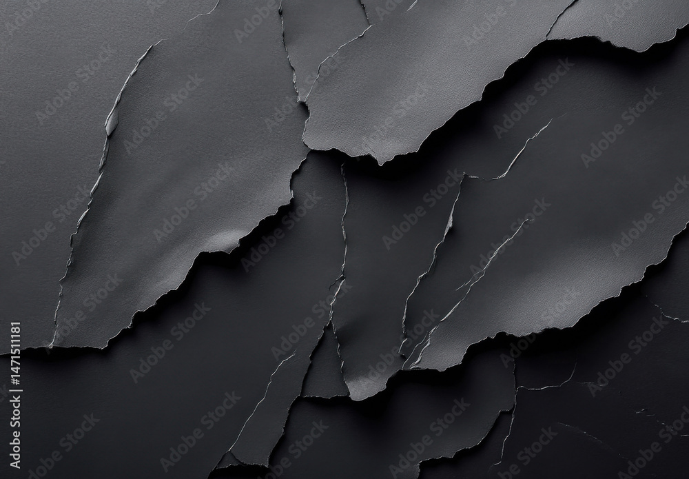 Poster Abstract dark gray textured background with irregular torn paper pieces creating a dramatic, fragmented, and layered effect. : Generative AI