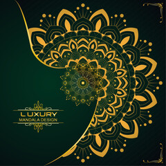 Golden Floral Mandala with Curved Line Pattern &ndash; Creative Luxury Vector for Printable Wall Art, Greeting, Invitation, T-shirt, Ornament, Scrapbook, Art, Fabric, Cover, Card with Dark Green Color