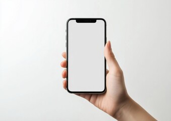 A hand holds a smartphone with a blank white screen against a plain white background, perfect for app presentations or mobile technology mockups. : Generative AI
