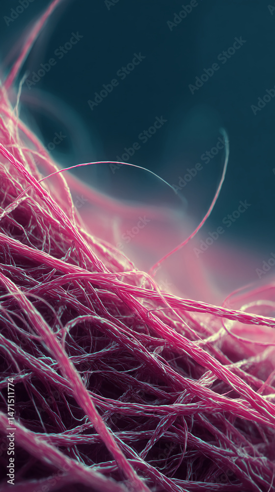 Poster close-up of pink fiber texture, intricate network of strands creating a complex, detailed appearance