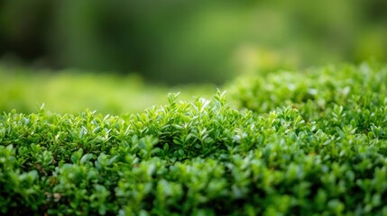 Vibrant green foliage of a lush boxwood shrub, showcasing the intricate detail of its small leaves and creating a natural, textured backdrop. : Generative AI