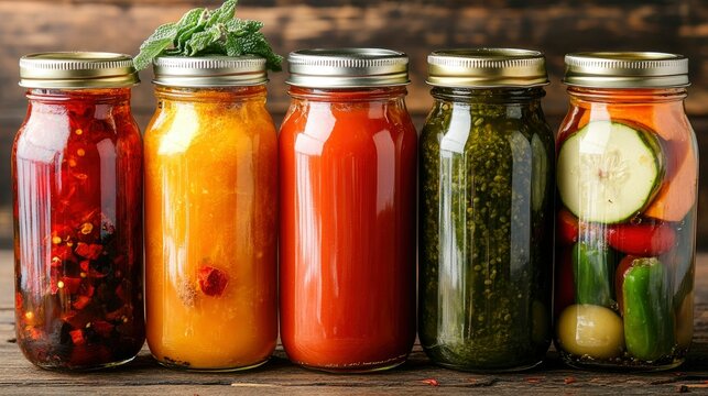 Five Jars of Homemade Preserves on Rustic Wooden Background