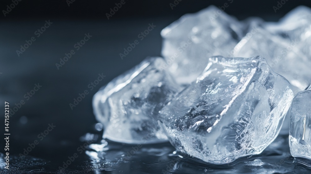 Poster Close-up of several translucent ice cubes on a dark surface, glistening with water droplets, creating a cool and refreshing visual. : Generative AI