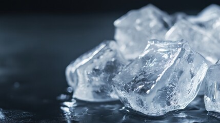Close-up of several translucent ice cubes on a dark surface, glistening with water droplets, creating a cool and refreshing visual. : Generative AI