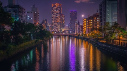 Night cityscape reflected in tranquil waterway