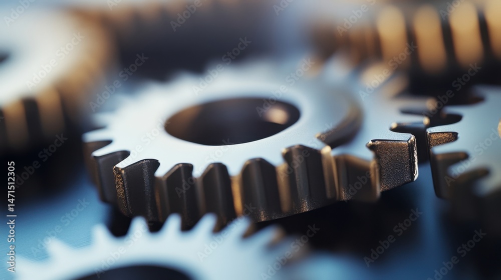 Poster Close-up of metallic gears interlocked, showcasing intricate details and a dark, reflective surface.  The image evokes themes of precision engineering and complex machinery. : Generative AI