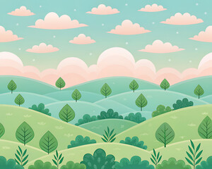 Fototapeta premium Cute minimal landscape with pink clouds and trees