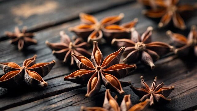 Aromatic star anise spice captured in closeup on wooden table