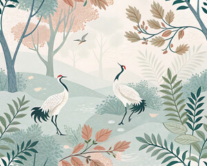 Graceful cranes in tranquil botanical landscape / Grullas elegantes en paisaje botánico tranquilo

