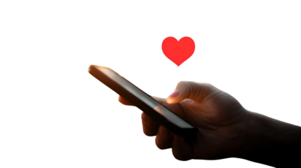 Hand holding phone red heart above online love connection