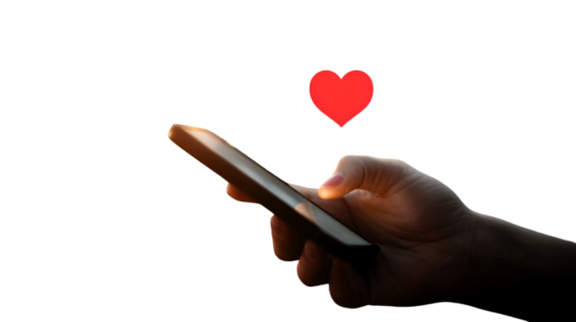 Hand holding phone red heart above online love connection