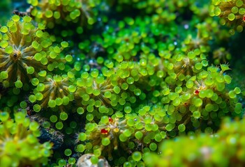 Microscopic marine phytoplankton bloom underwater, vibrant greens and blues, copy space, texture, science