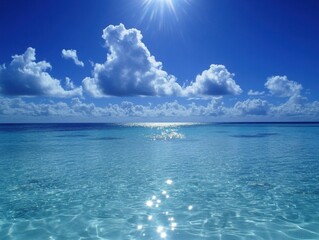 Obraz premium Serene tropical ocean scene with bright sun, fluffy white clouds, and clear turquoise water reflecting sunlight, creating a tranquil and idyllic summer seascape. : Generative AI