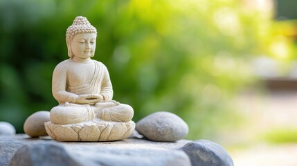 Serene Buddha statue meditates peacefully on a rock, surrounded by nature's calming green bokeh background. : Generative AI