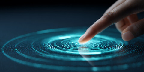 Fingertip touching a glowing, circular, digital interface, representing technological interaction and innovation, suitable for tech or futuristic concepts