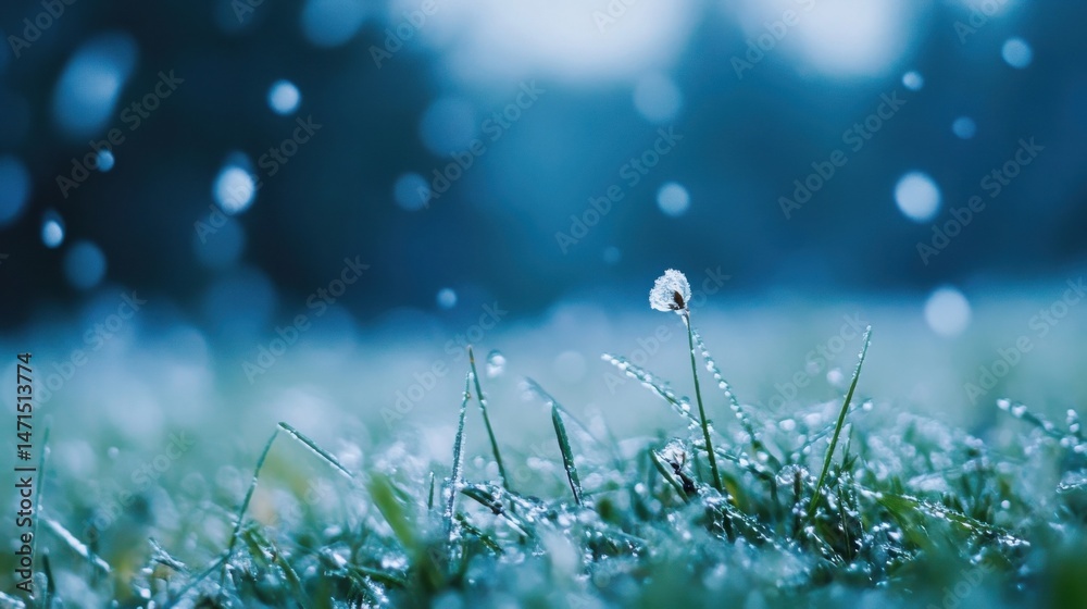 Aufkleber a single frosted plant stands tall amidst a field of dew-kissed grass, under a softly falling winter