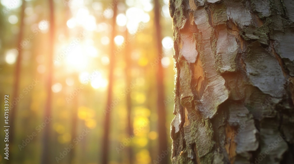 Fototapete Closeup of tree bark texture in a sunlit forest, golden hour light filtering through the trees, creating a warm and peaceful atmosphere. : Generative AI