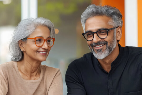 indian male optician, wearing a black shirt welcoming friendly indian woman in casual brown and beige clothing at the entrance of an optician store. - Powered by Adobe
