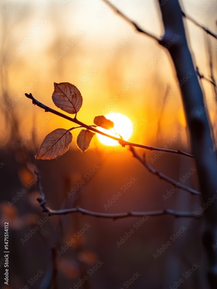 Poster silhouette of autumn leaves on a branch, backlit by a vibrant sunset, creating a warm and serene aut