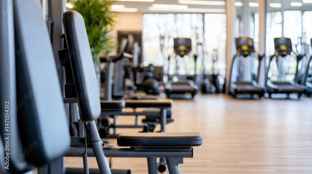 Poster modern gym interior with rows of exercise equipment, focusing on a close-up view of a padded weight 