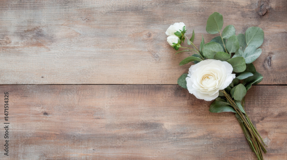 Aufkleber elegant white ranunculus and eucalyptus bouquet arranged on rustic wooden surface, offering a minima