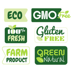 Eco, vegan, organic food stickers and natural product icons and elements for food market, organic products packaging, ecommerce. Ecology labels set. Vegan food diet icon, bio and healthy food.