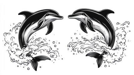 Naklejka premium Two dolphins leaping through ocean waves