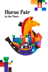 horse drawing in horseshoe circle with medieval city for fair and cultural event