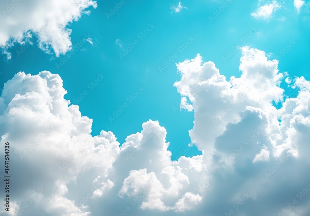 Fototapete A vibrant turquoise sky is filled with fluffy cumulus clouds, creating a breathtaking summer scene.  The bright sunlight illuminates the clouds, adding depth and texture to the image. : Generative AI