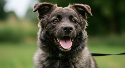 Adorable Happy Gray Dog Portrait A Stunning Close-Up of a Friendly Canine Companion Outdoors