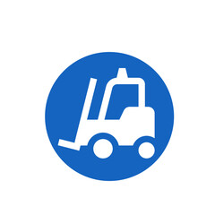A stylized forklift icon with a white forklift on a blue circular background in a simple illustration style