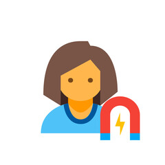 Illustration of a person with short brown hair and a blue shirt next to a red magnet with a lightning bolt