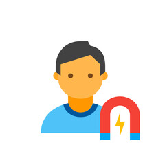 Illustration of a person with tan skin and a blue shirt next to a red magnet with a yellow lightning bolt