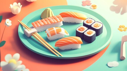Colorful Sushi Plate with 3D Render.