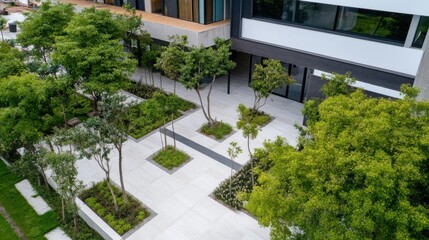 Fototapeta premium Aerial view of a modern building's courtyard featuring a meticulously designed landscape with lush green trees, neatly arranged shrubs, and a clean, light-colored stone pathway. : Generative AI