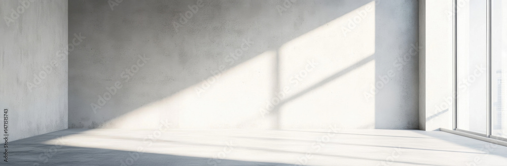 Poster empty modern room with concrete walls and large window, sunlight casts shadows on the floor and wall
