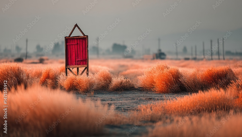 Aufkleber a solitary red wooden board stands in a field of tall, golden grass under a hazy sunset sky, creatin