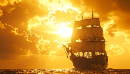 Majestic Sailing Ship at Golden Sunset