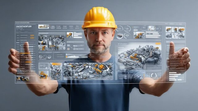 Construction worker with hologram: A construction worker in a yellow hard hat interacts with a sophisticated augmented reality interface.
