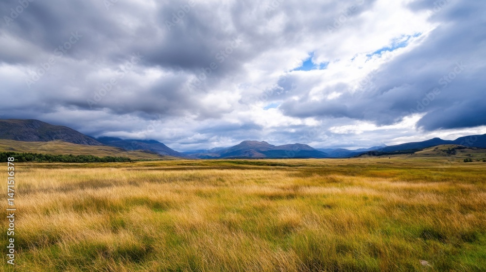 Poster scottish highlands landscape: golden grass field under a dramatic cloudy sky, with distant mountains
