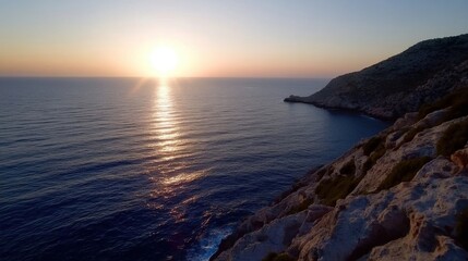 Serene sunset over the Mediterranean sea, showcasing a rocky coastline bathed in golden light. The tranquil ocean reflects the sun's rays, creating a breathtaking view. : Generative AI