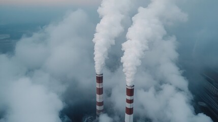 Aerial view of two industrial smokestacks emitting thick white plumes of smoke into a hazy sky, suggesting environmental concerns and energy production. : Generative AI