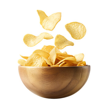 potato chips falling in wooden bowl png