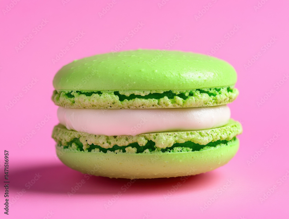 Poster a single pistachio macaron with white cream filling sits on a pink background, showcasing its delica