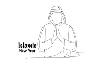 Muslim man greeting. Islamic new year concept one-line drawing