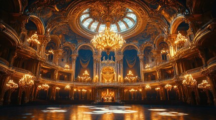 Ornate golden opera hall, opulent chandeliers