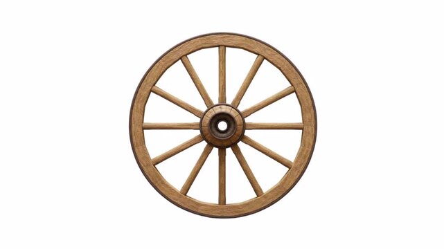 Wooden old wagon wheel isolated on white background. 4k animation video.
